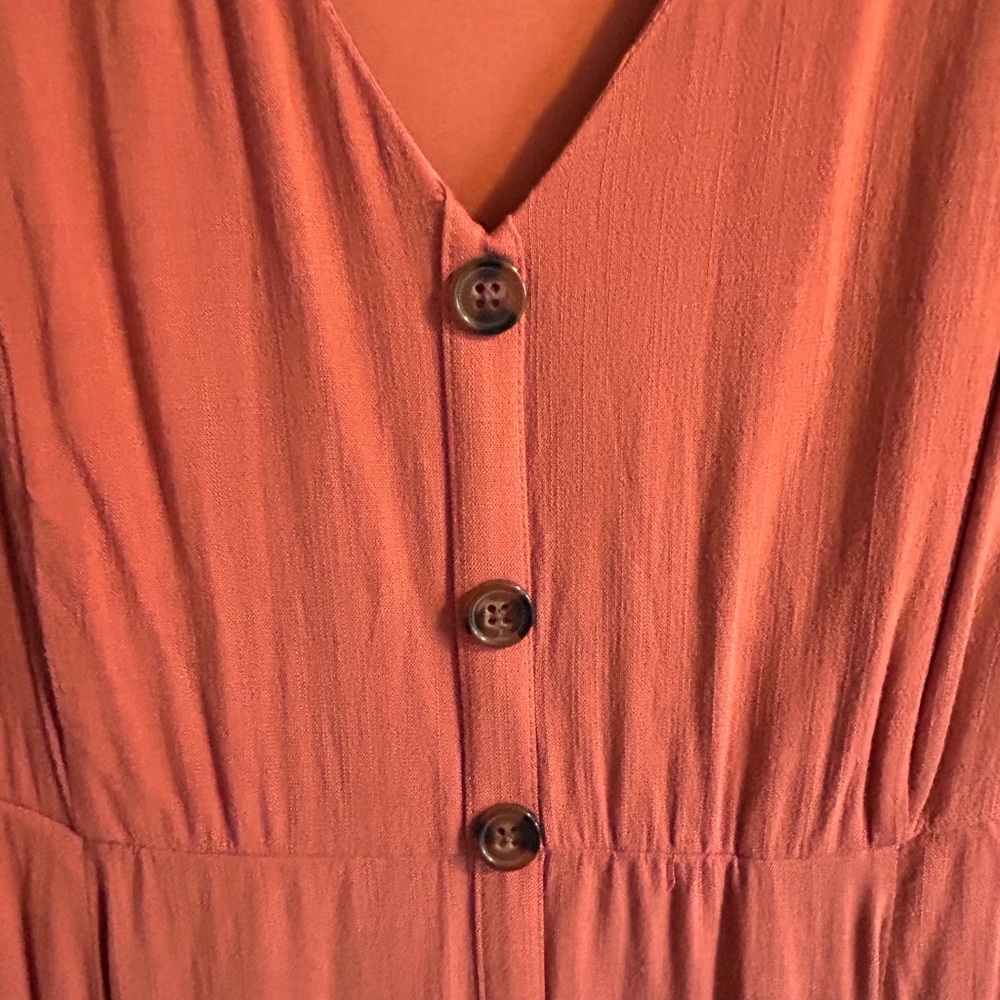 Traditional Long Pink Terracotta Short Sleeved Dress w Pockets & Buttons. Plus - Picture 3 of 6